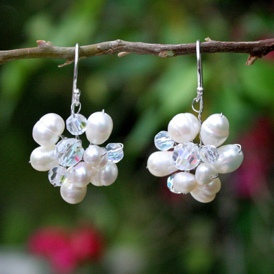 Pearl cluster earrings, 'Bridal Bouquet' - Unique Pearl Dangle Earrings from Thailand