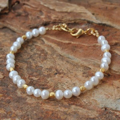 Gold plated cultured pearl beaded bracelet, 'Siam Moons' - Gold Plated Pearl Bracelet
