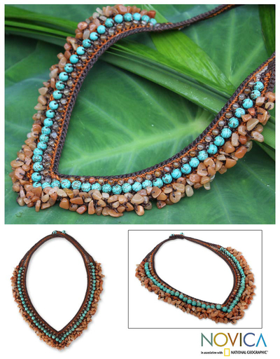 Carnelian beaded necklace, 'Tribal Paths' - Carnelian and Quartz Crochet Necklace
