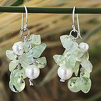 Pearl and prehnite cluster earrings, 'Thai Whisper'