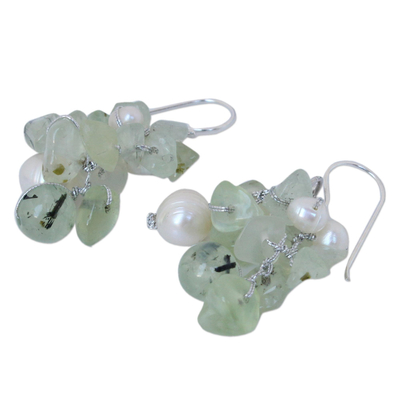 Pearl and prehnite cluster earrings, 'Thai Whisper' - Prehnite and Pearl Dangle Earrings