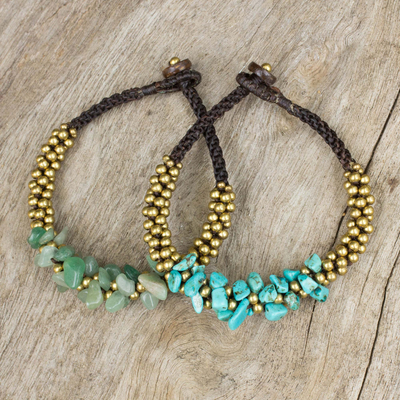 Beaded wristband bracelets, 'Blue Green Orchids' (pair) - Quartz and Beaded Wristband Bracelets (Pair)