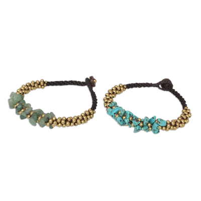 Beaded wristband bracelets, 'Blue Green Orchids' (pair) - Quartz and Beaded Wristband Bracelets (Pair)