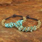 Beaded wristband bracelets, 'Blue Green Orchids' (pair) - Quartz and Beaded Wristband Bracelets (Pair)