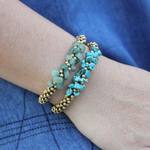 Beaded wristband bracelets, 'Blue Green Orchids' (pair) - Quartz and Beaded Wristband Bracelets (Pair)
