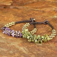 Amethyst and peridot wristband bracelets, 'Lilac Green Orchids' (pair) - Amethyst and Peridot Beaded Bracelets (Pair)