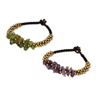 Amethyst and peridot wristband bracelets, 'Lilac Green Orchids' (pair) - Amethyst and Peridot Beaded Bracelets (Pair)