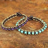 Beaded wristband bracelets, 'Blue Purple Aryuveda' (pair)