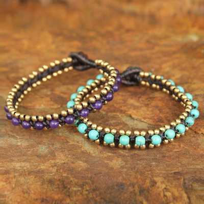 Beaded wristband bracelets, 'Blue Purple Aryuveda' (pair) - Hand Made Quartz and Resin Beaded Bracelets (Pair)