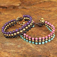 7.5 'Spring Sukhothai' NOVICA Multi-Gems Quartz Brass Coconut Shell Beaded Bracelet 