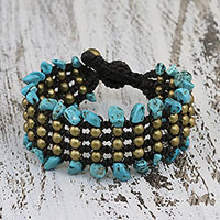 Beaded wristband bracelet, 'Lanna Dazzle' - Artisan Crafted Beaded Turquoise Colored Bracelet
