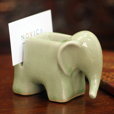 Celadon ceramic card and clip holder, 'Green Elephant' - Celadon Ceramic Card Holder
