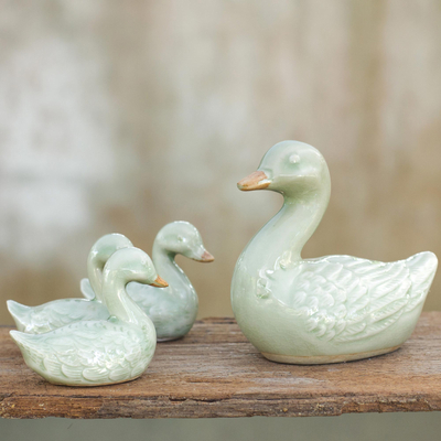 Celadon ceramic figurines, 'Chiang Rai Ducklings' (set of 4) - Celadon Ceramic Figurines (Set of 4)
