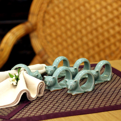 Celadon ceramic napkin rings, 'Siamese Cat' (set of 6) - Celadon Ceramic Napkin Rings (Set of 6)