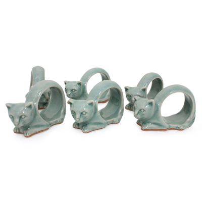 Celadon ceramic napkin rings, 'Siamese Cat' (set of 6) - Celadon Ceramic Napkin Rings (Set of 6)