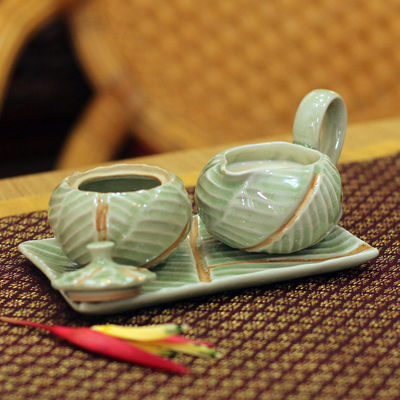 Azucarero y crema de cerámica Celadon, (4 piezas) - Azucarero y batidor de cerámica Celadon (4 piezas)