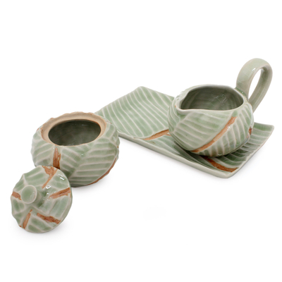 Celadon ceramic sugar bowl and creamer, 'Banana Leaf' (4 pieces) - Celadon Ceramic Sugar Bowl and Creamer (4 pieces)