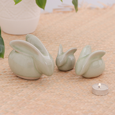 Celadon ceramic figurines, 'Chiang Mai Rabbits' (set of 3) - Hand Crafted Celadon Ceramic Sculptures (Set of 3)