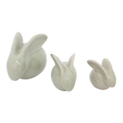 Celadon ceramic figurines, 'Chiang Mai Rabbits' (set of 3) - Handcrafted Thai Green Celadon Rabbits with Distinctive Crac