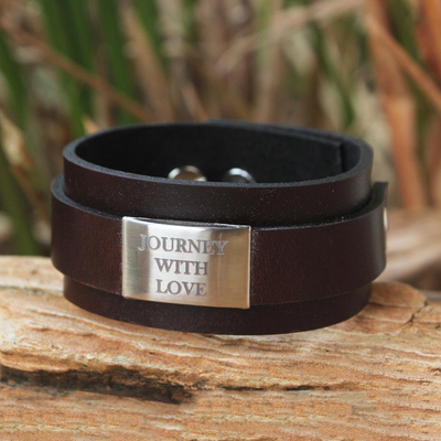 Leather and nickel wristband bracelet, 'Journey with Love' - Wide Leather and Brushed Nickel Bracelet