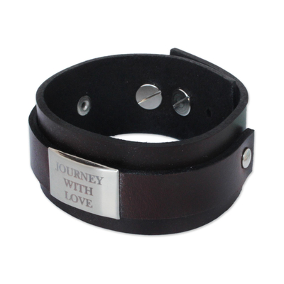 Leather and nickel wristband bracelet, 'Journey with Love' - Wide Leather and Brushed Nickel Bracelet
