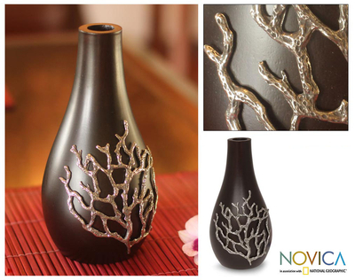 Mango wood and pewter vase, 'Black Coral' - Artisan Crafted Mango Wood Vase