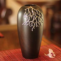 Mango wood and pewter vase, 'Coral Reef' - Mango wood and pewter vase
