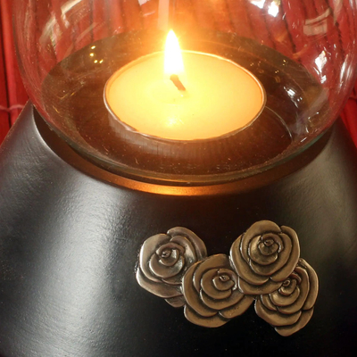 Mango wood candleholder, 'Rose Glow' - Mango wood candleholder