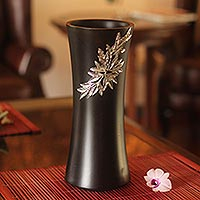 Mango wood and pewter vase, 'Rainforest Bamboo' - Mango wood and pewter vase