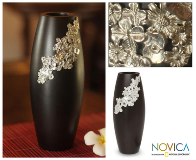 Mango wood and pewter vase, 'Chiang Mai Garden' - Mango wood and pewter vase