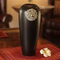 Mango wood and pewter vase, 'Floral Moon' - Floral Embellished Wood and Pewter Vase