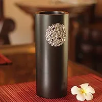 Mango wood and pewter vase, 'Floral Bouquet' - Mango wood and pewter vase