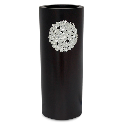 Mango wood and pewter vase, 'Floral Bouquet' - Mango wood and pewter vase