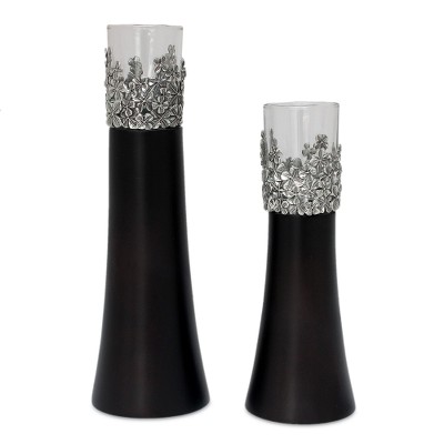 Mango wood and pewter candleholder, 'Summer Clover' (pair) - Handcrafted Mango Wood and Pewter Candleholders (Pair)