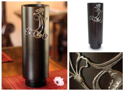 Mango wood and pewter vase, 'Dance of the Flowers' - Mango wood and pewter vase