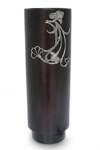 Mango wood and pewter vase, 'Dance of the Flowers' - Mango wood and pewter vase