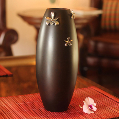 Mango wood vase, 'Thai Orchids' - Mango wood vase