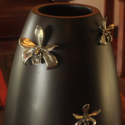 Mango wood vase, 'Thai Orchids' - Mango wood vase