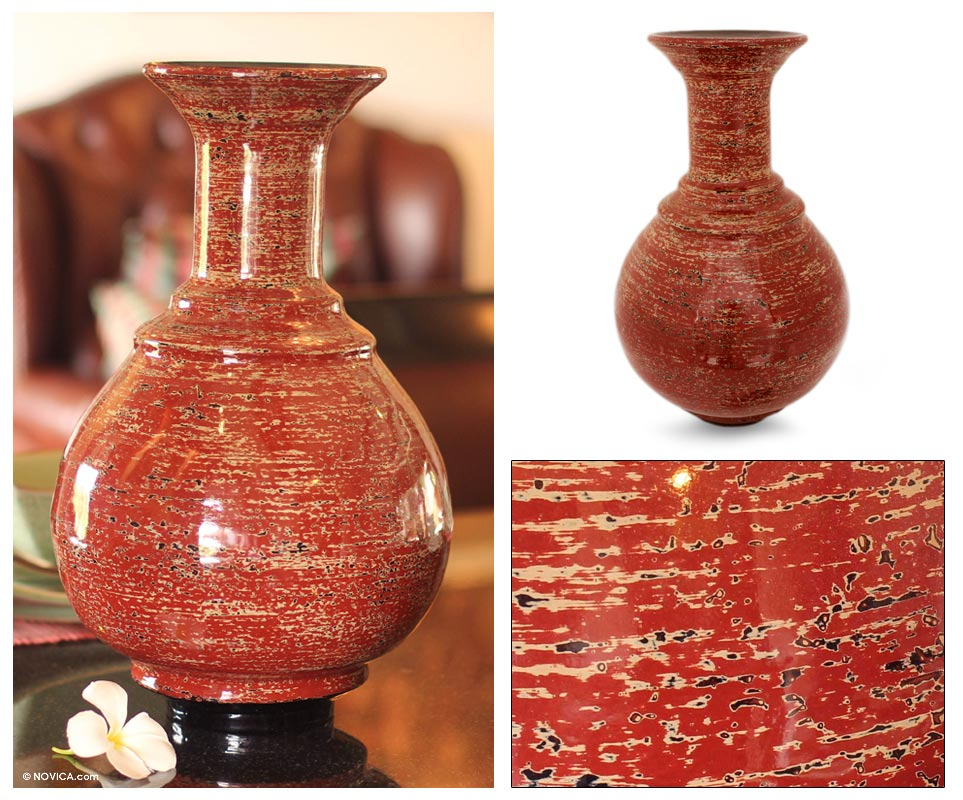 Lacquered Bamboo Vase Lava Temple Novica