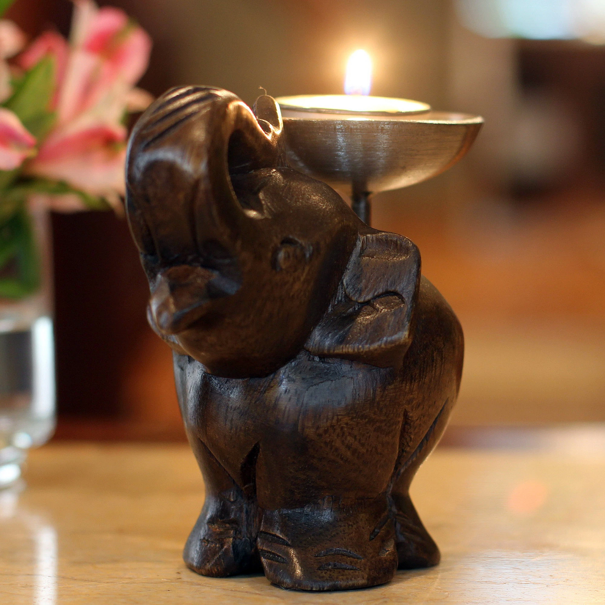 UNICEF Market Unique Animal Themed Wooden Elephant Candle Holder