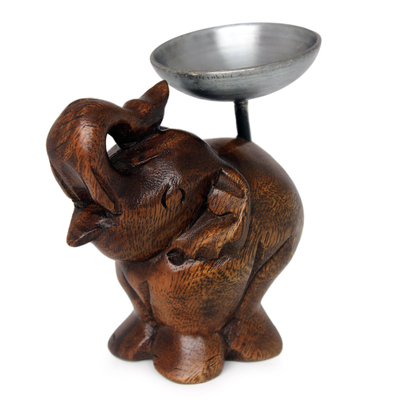 Wood candleholder, 'Elephant of Old Siam' - Fair Trade Mango Wood Candle Holder