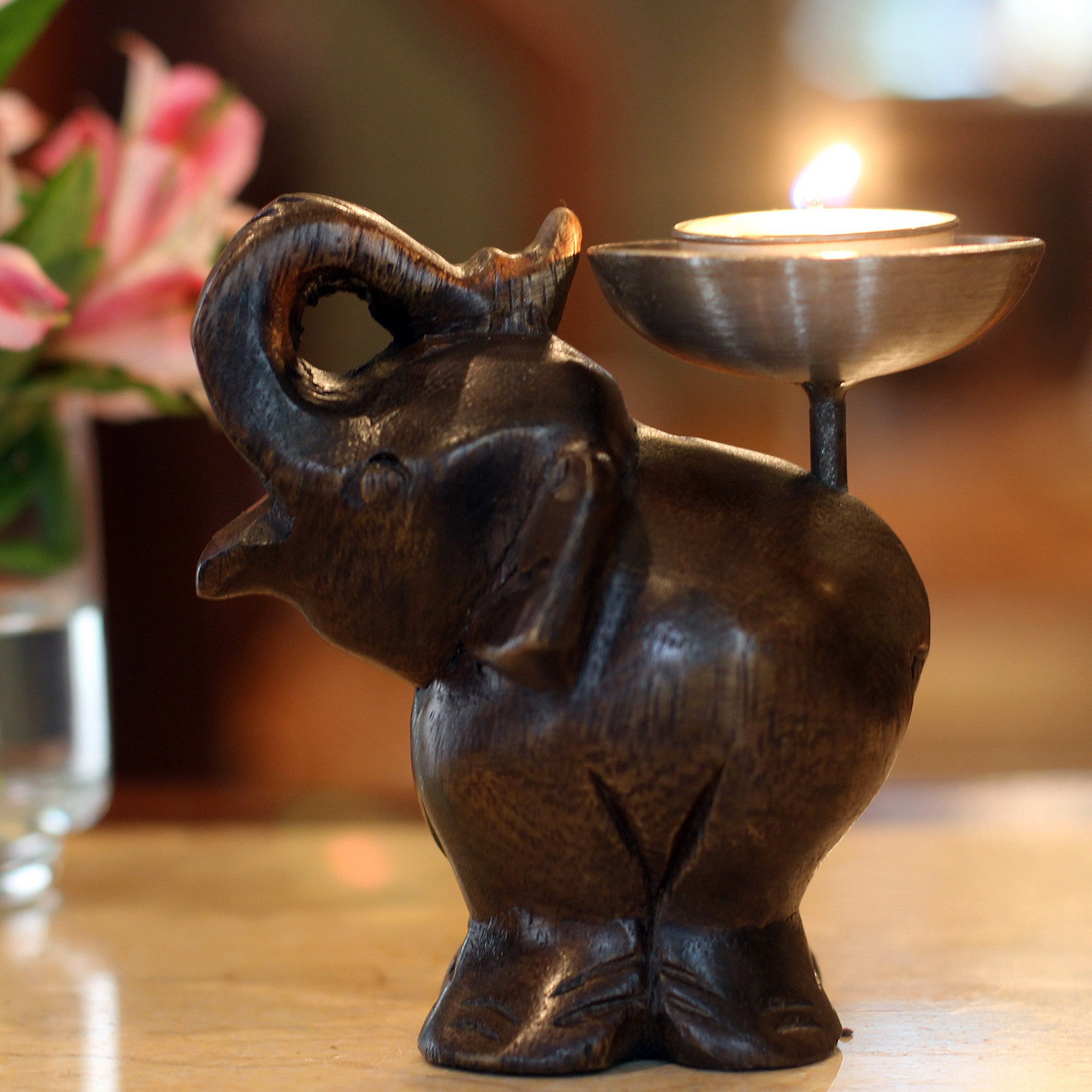 UNICEF Market Unique Animal Themed Wooden Elephant Candle Holder Singing Elephant