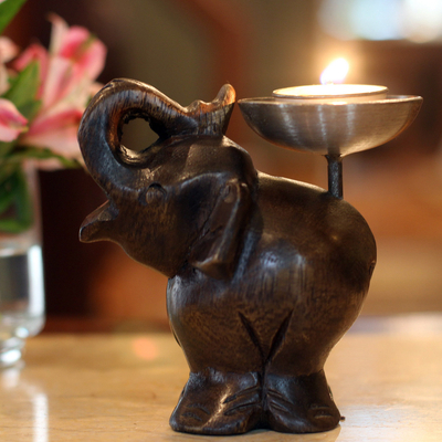 Wood candleholder, 'Elephant of Old Siam' - Fair Trade Mango Wood Candle Holder