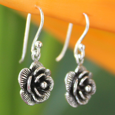 Sterling silver flower earrings, 'Loy Kratong Rose' - Thai Floral Sterling Silver Dangle Earrings
