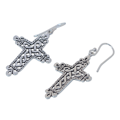 Sterling silver dangle earrings, 'Cross of Legends' - Sterling Silver Religious Earrings