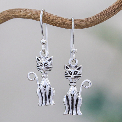 Sterling silver dangle earrings, 'Feline Fantasy' - Sterling Silver Cat Earrings