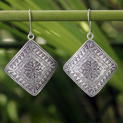 Sterling silver dangle earrings, 'Hill Tribe Flower' - Thai Sterling Silver Dangle Earrings