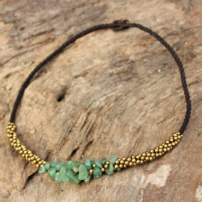 Beaded necklace, 'Green Orchids' - Brass Beaded Quartz Necklace