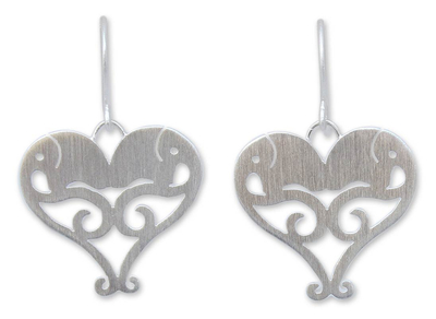 Sterling silver heart earrings, 'Elephant Sweethearts' - Sterling Silver Heart Earrings