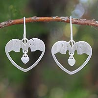 Sterling silver heart earrings, 'Elephants in Love' - Sterling Silver Dangle Earrings